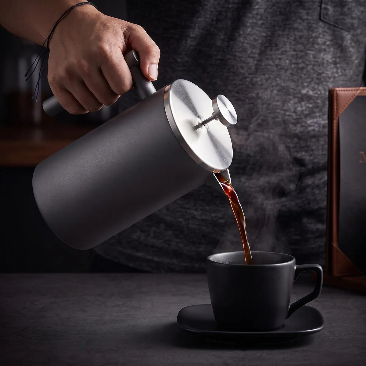 Persona sirviendo café con la prensa francesa SweeNuts sobre una taza negra
